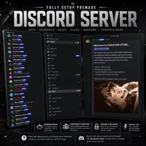 Könnte beinhalten: Eine digitale Anzeige eines vorgefertigten Discord-Server-Templates mit dunklem Design. Die Benutzeroberfläche zeigt eine Liste von Bots, organisierte Kanäle und eine Willkommensnachricht für Phantom Store. Text: Fully Setup Premade Discord Server.