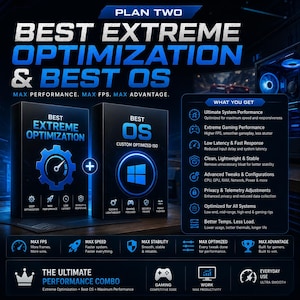 Könnte beinhalten: Eine digitale Produktwerbung mit dem Titel PLAN TWO BEST EXTREME OPTIMIZATION & BEST OS. Sie zeigt zwei schwarze Boxen mit blauem Text und Symbolen, eine Liste von Systemleistungsvorteilen und eine Zusammenfassung der Funktionen.