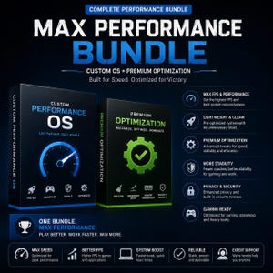 Könnte beinhalten: Ein Max Performance Bundle mit zwei schwarzen Boxen, beschriftet als Custom Performance OS und Premium Optimization. Die Grafik enthält Text zu Funktionen wie FPS, Systemstabilität, Datenschutz und Sicherheit sowie Symbole für Geschwindigkeit und Gaming.