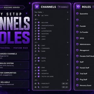 May include: A digital graphic display for a premium Discord server featuring a purple and black theme. The text reads FULLY SETUP CHANNELS & ROLES. It showcases a list of 71 channels and 71 roles, including categories like Quarantine, Founder, Co Founder, SYCO, Administrators, Management, Staff, and various gaming channels.
