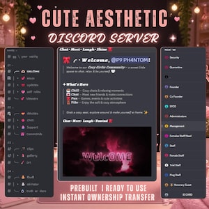May include: A digital interface display for a Discord server titled CUTE AESTHETIC DISCORD SERVER. The layout features a channel list, a central welcome message with the text WELCOME, and a roles sidebar. The theme uses dark gray backgrounds.
