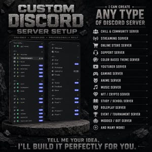 May include: A digital graphic advertisement for custom Discord server setup services. The text reads Custom Discord Server Setup, I Can Create Any Type Of Discord Server, and Tell Me Your Idea, I'll Build It Perfectly For You, with a list of server types.
