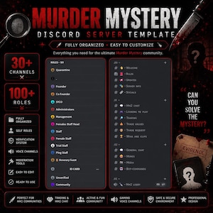 Puede incluir: Una plantilla digital de servidor de Discord Murder Mystery con un tema en rojo oscuro y negro. El diseño muestra una lista de roles y canales, incluyendo texto como '30+ CHANNELS', '100+ ROLES' y 'CAN YOU SOLVE THE MYSTERY?' con iconos gráficos.