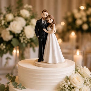 May include: A wedding cake topper featuring a stylized figurine of a person with a beard wearing a black suit and a person with long brown hair wearing a white sleeveless gown, both standing together on a circular base atop a white cake.