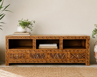 Mobile porta TV in legno intagliato in stile boho, mobile consolle multimediale fatto a mano, centro di intrattenimento rustico, contenitore per soggiorno in stile rustico