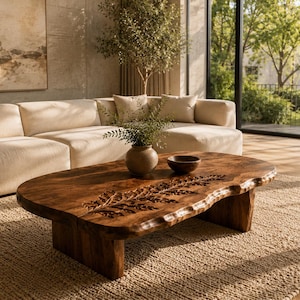 Handcrafted live edge walnut coffee table with intricate leaf carving solid wood artisan furniture for modern Japandi, Scandinavian, rustic.