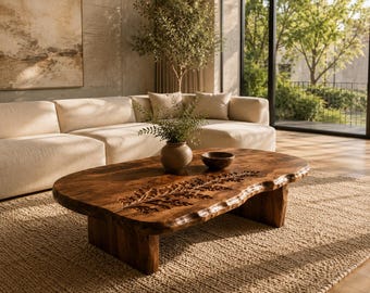 Handcrafted live edge walnut coffee table with intricate leaf carving solid wood artisan furniture for modern Japandi, Scandinavian, rustic.