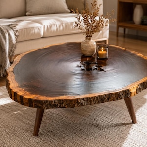 May include: A round coffee table featuring a dark brown live edge wood slab top with a central natural fissure. The table is supported by three tapered wooden legs and displays a smooth, polished surface with a textured, bark-covered edge.