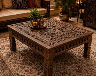 Mesa de centro de madeira maciça entalhada à mão, mesa de centro de madeira maciça, mesa de centro quadrada rústica, móveis de sala de estar boho feitos à mão