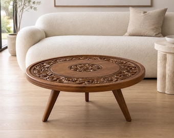Hand Carved Round Coffee Table, Solid Wood Coffee Table, Floral Carved Cocktail Table, Rustic Farmhouse Living Room Furniture