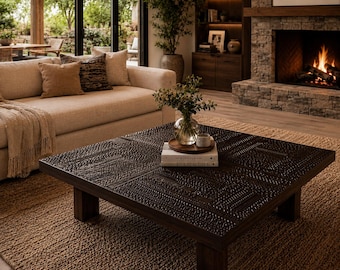 Hand Carved Walnut Wood Coffee Table, Square Farmhouse Boho Furniture