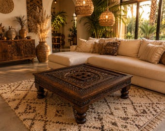 Hand Carved Wooden Coffee Table, Moroccan Coffee Table, Square Boho Coffee Table, Rustic Low Floor Table, Handmade Living Room Furniture