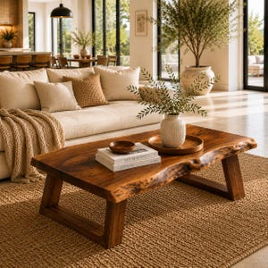 May include: A rectangular coffee table made of dark brown wood with a natural live edge, supported by two angled legs. On the table sits a white ceramic vase with green branches, a round wooden tray, a small wooden bowl, and two stacked books.