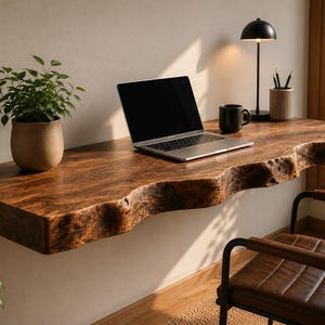 Op de afbeelding: Een aan de muur gemonteerd zwevend bureau van donkerbruin hout met een natuurlijke boomstamrand. Het bureau bevat een zilveren laptop, een zwarte mok, een kleine groene plant in een pot, een zwarte bureaulamp en een cilindrische pennenhouder.