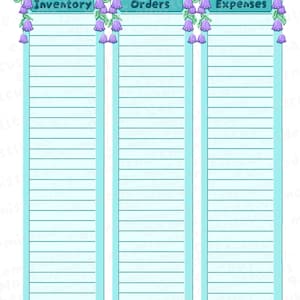 Peut inclure: Une page de planificateur numérique avec trois colonnes verticales intitulées Inventory, Orders et Expenses dans des encadrés bleu sarcelle. Les colonnes sont ornées de fleurs en forme de cloche violettes et de vignes. Un chat noir est illustré en haut.