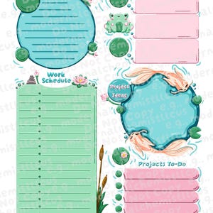 May include: A digital planner page featuring a teal circular appointment section with lily pads, a pink posting plan, a light green work schedule with cattails, a teal project ideas circle with two koi fish, and a pink projects to-do list with green dots.