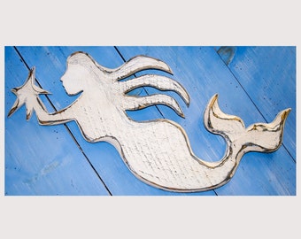 Mermaid - Reclaimed Wood Carving - Wooden Wall Art