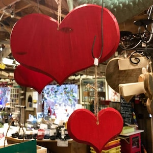 Hanging Wooden Hearts, Rustic Red Hearts for Door or indoors. Valentine&#39;s Day,  Romantic Decor. Reclaimed Wood. heart, love,