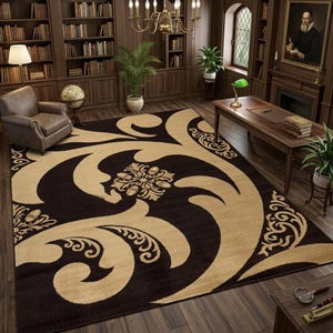 Hand Tufted Wool Area Rug, Traditional Scroll Leaf Pattern, Beige Brown Floor Mat
