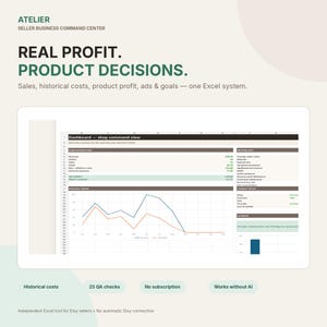 May include: An Excel-based business management tool for Etsy sellers titled ATELIER SELLER BUSINESS COMMAND CENTER. The interface displays a dashboard with financial metrics, a line graph showing sales trends, and sections for business KPIs and shop setup.