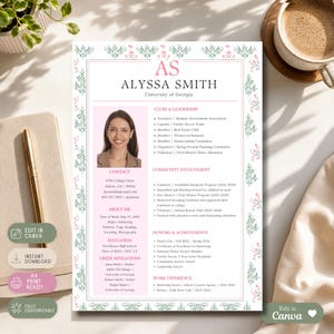 May include: A resume template featuring a floral border in green and pink, with sections for contact information, education, clubs, leadership, community involvement, honors, and work experience. It includes a placeholder photo of a person.