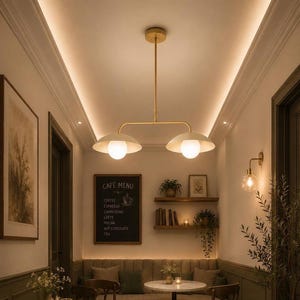 Peut inclure: Une suspension à deux lumières dotée d'une structure en métal doré et de deux abat-jours en forme de dôme blanc avec des ampoules sphériques apparentes. Le luminaire est suspendu au plafond par une tige centrale unique.