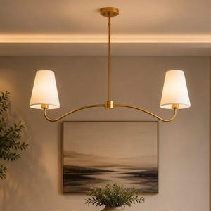 Linearer Kronleuchter aus Messing mit zwei Leuchten | Moderne Esszimmer- und Kücheninselleuchte im Mid-Century-Stil