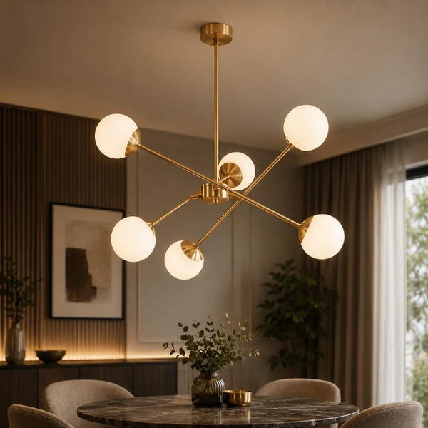 Modern Brass Sputnik Chandelier, 6 White Opal Glass Globe Ceiling Light