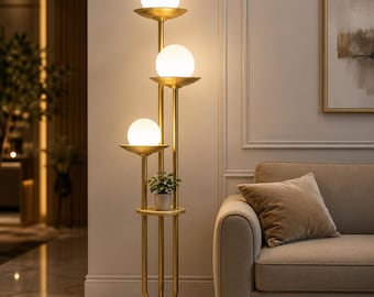 Mid-Century Modern Metal Globe Floor Lamp with Shelf, Dimmable Standing Light