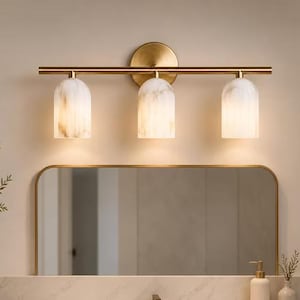 Modern Handcrafted Brass Alabaster Vanity 3-Light Italian Wall Lamp Stone Shade Fixture