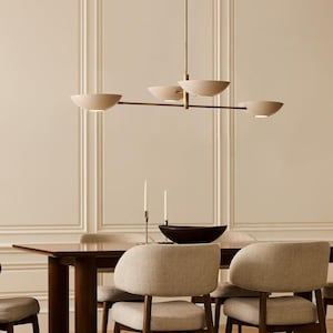 1950's Mid-Century Lachlan Chandelier | 4-Light Brass Bowl Pendant Light | Modern Ceiling Fixture for Dining Room & Kitchen