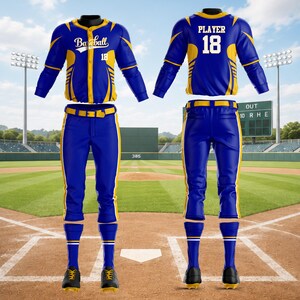 Può includere: Un set di divisa da baseball composto da una maglia blu e gialla con bottoni, la scritta Baseball e il numero 18, pantaloni abbinati con cintura gialla e calzini blu con strisce gialle, mostrato sia di fronte che di schiena.