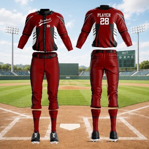 May include: A baseball uniform set featuring a red, black, and white jersey with the word Baseball and number 28 on the front, matching red pants with a black belt, and red socks with black stripes, shown from both front and back perspectives.