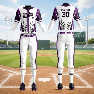 May include: A baseball uniform set featuring a white and purple button-down jersey with Italia and the number 30 on the front, white pants with purple side stripes, white socks with purple stripes, and black cleats. The back displays PLAYER 30.