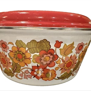 Vintage 1970s Enamelware Steamer Pot Set, Flower Power Cookware with Red Lid
