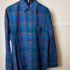 Vintage 1970-tals Sir Pendleton ullrutig skjorta - Tunn kamgarnsskjorta Blå Lila Röd Rutig 100% Virgin Flanell - Tillverkad i USA - Herrstorlek L
