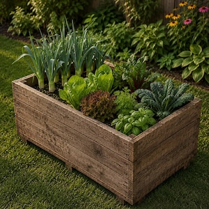 May include: A rectangular raised garden bed constructed from weathered brown wooden planks. The planter is filled with soil and contains a variety of growing vegetables, including leeks, green lettuce, red leaf lettuce, kale, and basil plants.