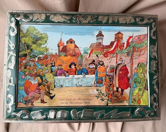 Caja de estaño alemana vintage / E Otto Schmidt Nürnberg / Hans Sachs Meistersinger / Estaño coleccionable litografía / Baviera Alemania / Almacenamiento antiguo