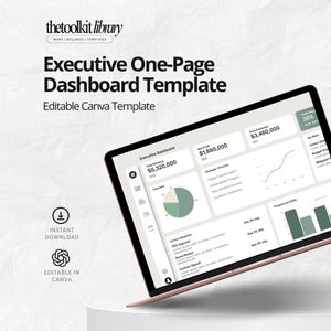 Peut inclure: Un écran d'ordinateur portable affichant un modèle de tableau de bord exécutif d'une page avec des graphiques et des données financières. Le texte indique The Toolkit Library, Executive One-Page Dashboard Template, Editable Canva Template.