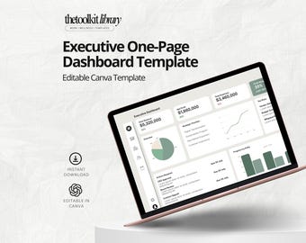 May include: A laptop screen displaying an Executive One-Page Dashboard Template with charts, graphs, and financial data. The text reads The Toolkit Library, Executive One-Page Dashboard Template, Editable Canva Template, Instant Download, and Editable in Canva.