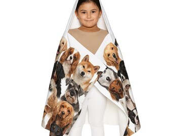 Toalla con capucha juvenil con caras de perros / Toalla de playa infantil con estampado de cachorros
