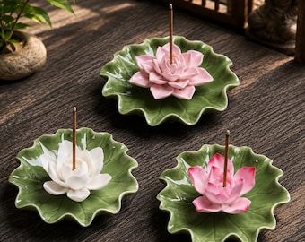 Ceramic Lotus Incense Holder, Floral Ash Catcher, Zen Home Decor