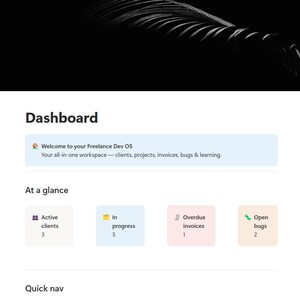 May include: A digital dashboard interface titled Dashboard with a welcome message for Freelance Dev OS. It features an At a glance section with four colored cards displaying metrics for Active clients, In progress, Overdue invoices, and Open bugs.