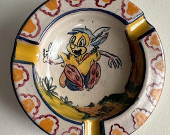Vintage Hand Painted Peruvian Ceramic Ashtray - Uncle Wiggily Longears Rabbit - Studio Pottery Folk Art Ring Dish