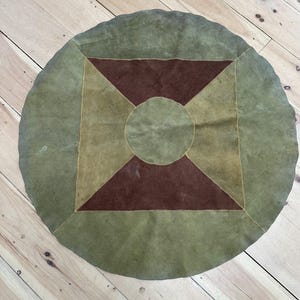 1970s Patchwork Suede Leather Accent Rug | Geometric Starburst Boho Decor (30" Round)