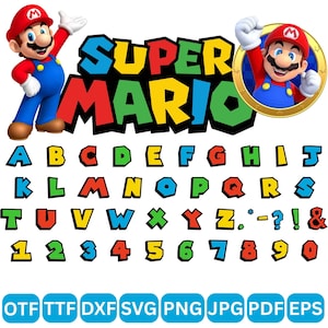 May include: A digital graphic featuring the Super Mario logo, two illustrations of Mario, and a complete alphabet and number set in a colourful, blocky font. The bottom row displays file formats including OTF, TTF, DXF, SVG, PNG, JPG, PDF, and EPS.