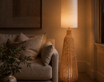 Woven Rattan Floor Lamp | Natural Wicker Standing Light with Linen Shade