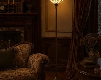 Lampa podłogowa Tiffany w stylu art déco | Lampa witrażowa oświetlająca sufit | Lampa stojąca w stylu vintage z mosiądzu | Eleganckie oświetlenie salonu i sypialni