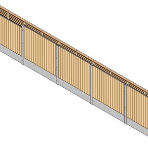 May include: A wooden fence panel system featuring vertical light brown slats, a horizontal slatted top section, and a solid gray concrete base. The structure is supported by vertical gray posts positioned at regular intervals along the length.