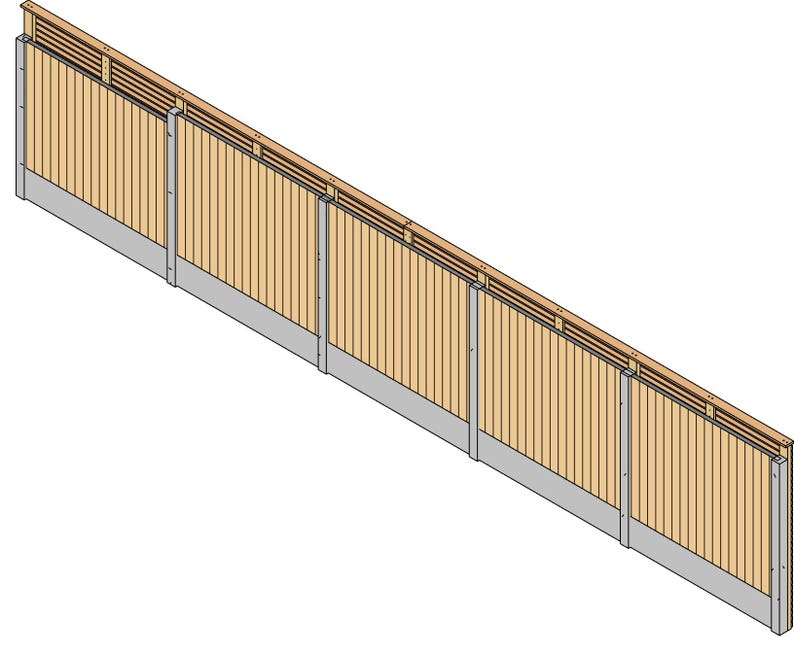 May include: A wooden fence panel system featuring vertical light brown slats, a horizontal slatted top section, and a solid gray concrete base. The structure is supported by vertical gray posts positioned at regular intervals along the length.